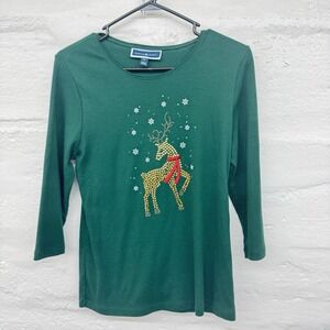 Karen Scott Women 3/4 Sleeve Shirt ‎ PL Green Christmas Reindeer Sparkle
